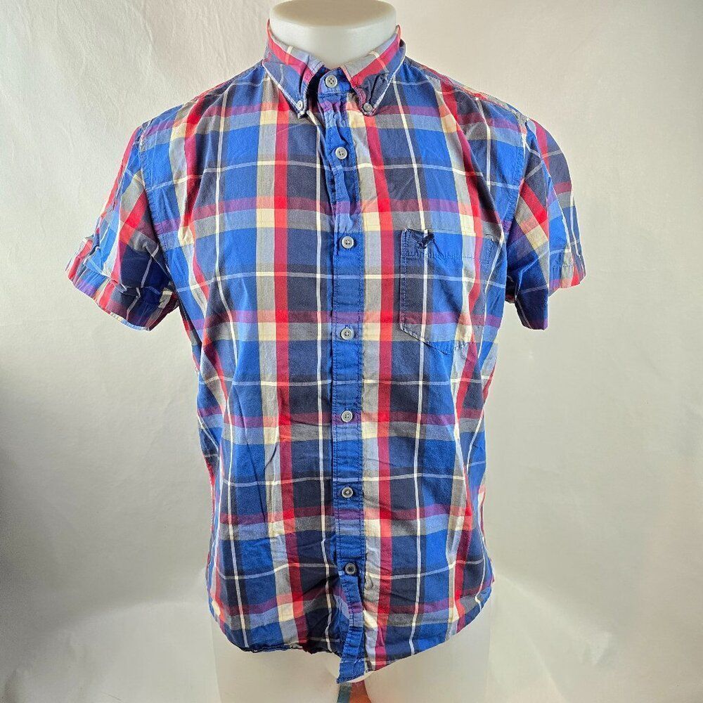 American Eagle Mens Medium Blue Red Plaid Button Down Shirt Vintage Fit Preppy